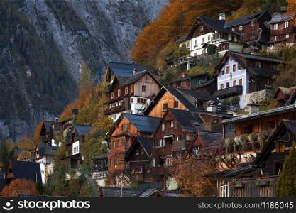View of beautiful view of the on wooden houses at the small famous city Hallstatt - old town, Austria