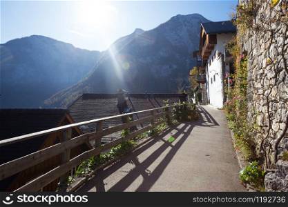 View of beautiful view of the streets of a small famous city Hallstatt - old town, Austria