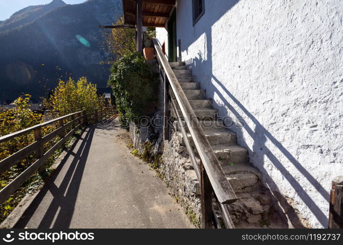 View of beautiful view of the streets of a small famous city Hallstatt - old town, Austria