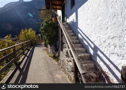 View of beautiful view of the streets of a small famous city Hallstatt - old town, Austria