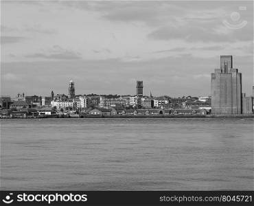 View of Birkenhead in Liverpool. View of Birkenhead skyline across the Mersey river in Liverpool, UK in black and white