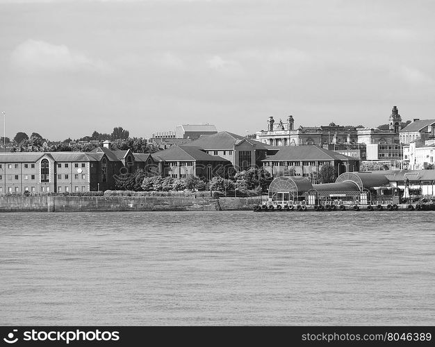 View of Birkenhead in Liverpool. View of Birkenhead skyline across the Mersey river in Liverpool, UK in black and white