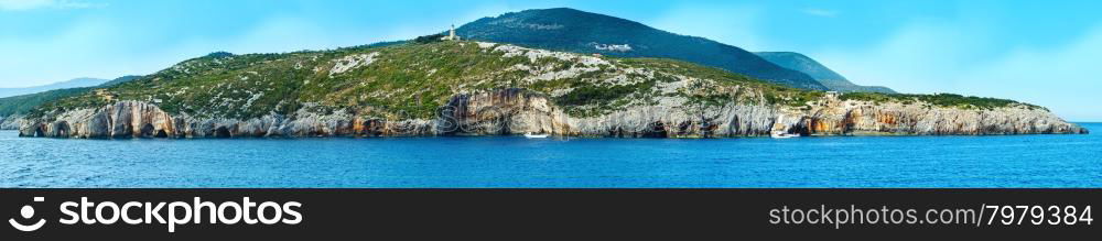 View of Blue Caves from ferry (Zakynthos, Greece, Cape Skinari). Panorama.