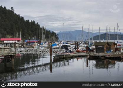 View of boats at harbor, Horseshoe Bay, West Vancouver, British Columbia, Canada