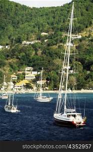 View of boats sailing towards a shore, Tobago