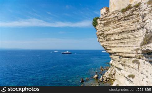 View of Bonifacio old town built on top of cliff rocks, Corsica island, France. View of Bonifacio old town Corsica island France