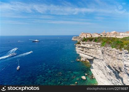 View of Bonifacio old town built on top of cliff rocks, Corsica island, France. View of Bonifacio old town Corsica island France