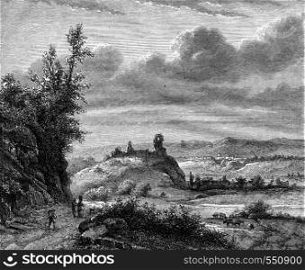 View of Borghetto, Romans States, vintage engraved illustration. Magasin Pittoresque 1867.