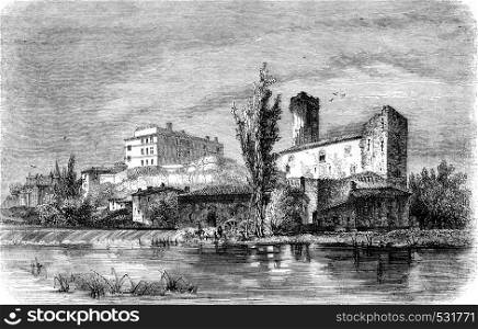 View of Bourdeille, vintage engraved illustration. Magasin Pittoresque 1852.