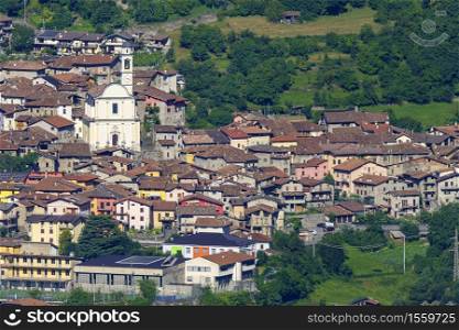 View of Breno, Brescia, Lombardy, Italy, from the road to Crocedomini pass at summer. Mountain landscape.