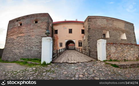 View of bridge gate over the moat to old Zolochiv castle (Ukraine, Lviv Region, Dutch style, built in 1634-36 by Jakub Sobieski)