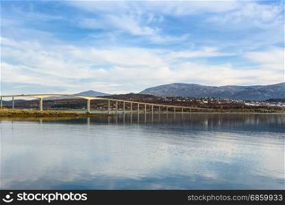 view of bridge in Tromso city with blue sky, Norway