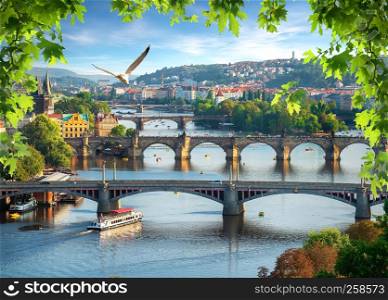 View of bridges in a row on river Vltava in Prague