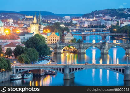 view of Bridges on Vltava, Prague at dusk, Czech Republic