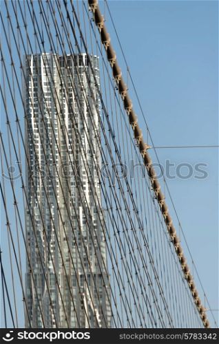 View of Brooklyn Bridge with skyscraper in the background, Manhattan, New York City, New York State, USA