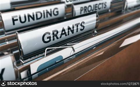 View of brown folders, with focus on grants label, Concept of funding, 3D illustration. Seeking Grants for an Association, a Small Business or for Research