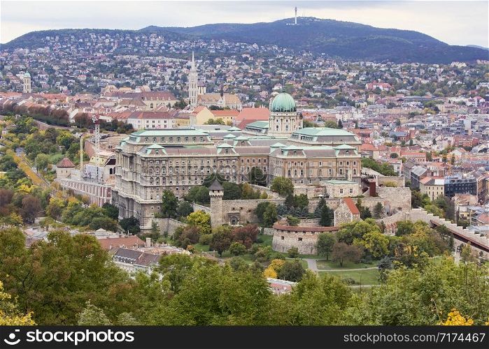 View of Buda Castle Royal Palace on the southern tip of Castle Hill int the Buda side of Budapest, Hungary. A UNESCO World Heritage Site.