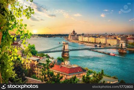 View of Budapest landmarks at beautiful sunset. View of Budapest landmarks