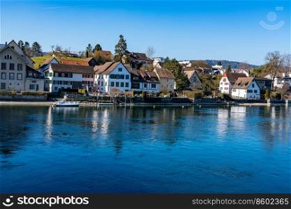 View of building along the bank of Rhine River at Stein Am Rhein in Switzerland