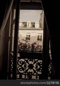 View of building through window in Paris France