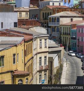 View of buildings along street, Valparaiso, Chile