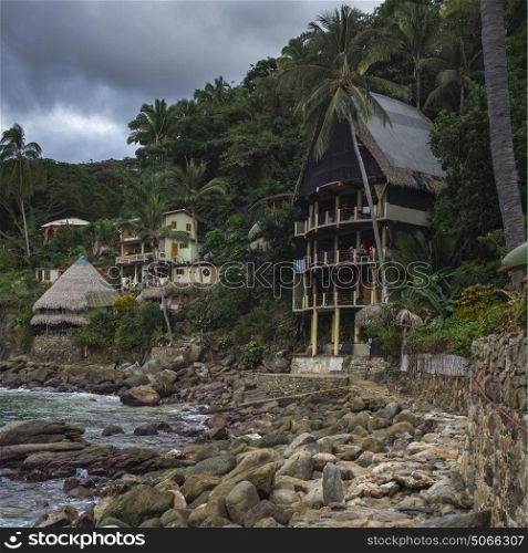 View of buildings in a small coastal village, Yelapa, Jalisco, Mexico