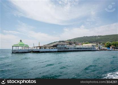 View of Burgazada island from the sea.The island is one of four islands named Princes Islands in the Sea of Marmara, near Istanbul, Turkey.20 May 2017. View of Burgazada island from sea in Istanbul,Turkey