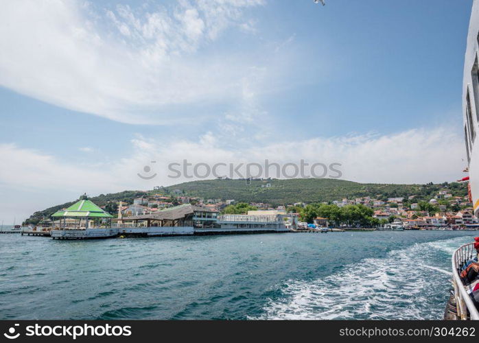 View of Burgazada island from the sea.The island is one of four islands named Princes Islands in the Sea of Marmara, near Istanbul, Turkey.20 May 2017. View of Burgazada island from sea in Istanbul,Turkey