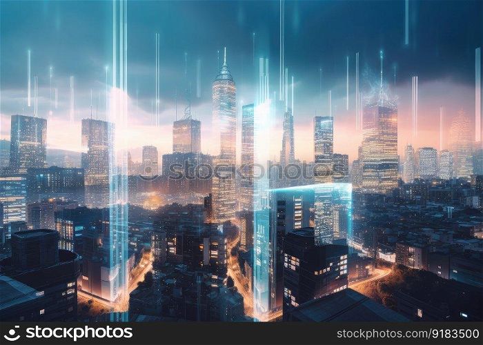 view of bustling cityscape with holographic skyscrapers in the background, created with generative ai. view of bustling cityscape with holographic skyscrapers in the background