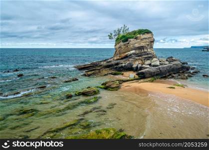 View of Camel beach in Santander, Cantabria, northern Spain; it is so called because the rock formations resemble the hump of a camel
