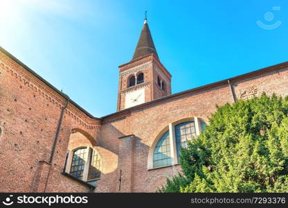 View of campanile of church Chiesa di San Marco at blue sky background. Milan, Italy