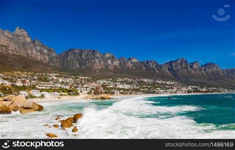 View of Camps Bay Beach and Table Mountain in Cape Town South Africa