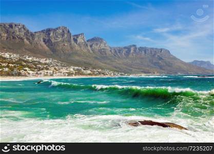 View of Camps Bay Beach and Table Mountain in Cape Town South Africa