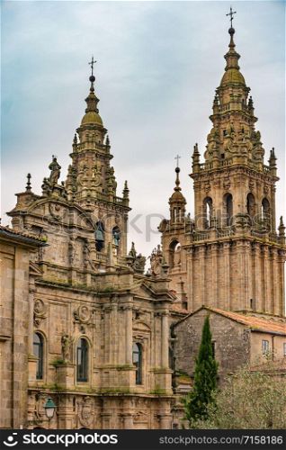 View of Cathedral of Santiago de Compostela from the place of Immaculada, Galicia, Spain