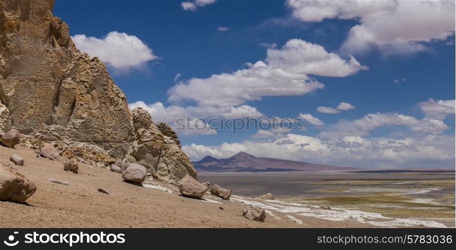 View of cathedral rock, Tara Salt Flat, Salar de Atacama, San Pedro de Atacama, El Loa Province, Antofagasta Region, Chile