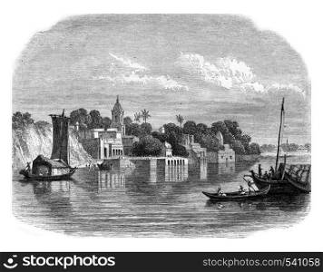 View of Cawnpore, modern city of the country of Ouche, vintage engraved illustration. Magasin Pittoresque 1857.