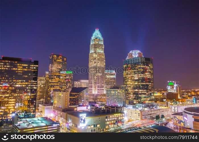 view of charlotte skyline aerial at sunset