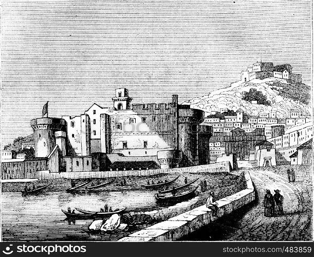 View of Chateau Neuf, in Naples, vintage engraved illustration. Magasin Pittoresque 1836.