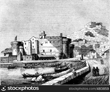 View of Chateau Neuf, in Naples, vintage engraved illustration. Magasin Pittoresque 1836.