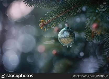 View of Christmas tree decorations on a green coniferous tree with some snow and soft bokeh lights in the background created with generative AI technology