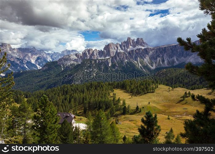 view of Cinque Torri and sharp peaks at the mountains Dolomites, Italy. Cinque Torri