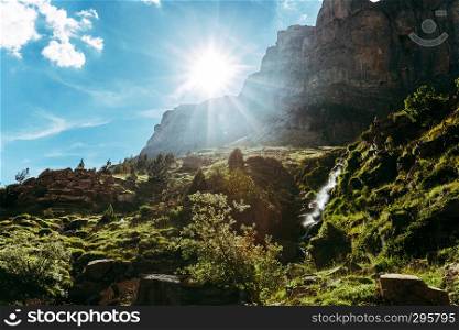 View of Circo de Soaso and waterfall, Ordesa National Park, Aragon. Pyrenees Mountains, Spain