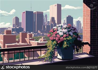 view of city skyline with balcony and potted flowers, generative ai