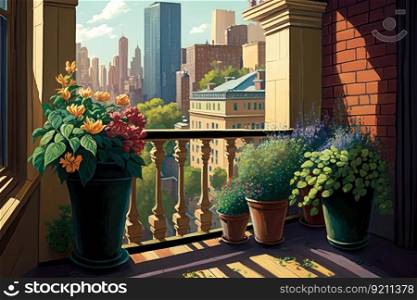 view of city skyline with balcony and potted flowers, generative ai