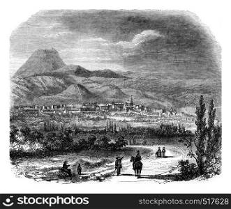 View of Clermont Ferrand, department of Puy-de-Dome, vintage engraved illustration. Magasin Pittoresque 1845.