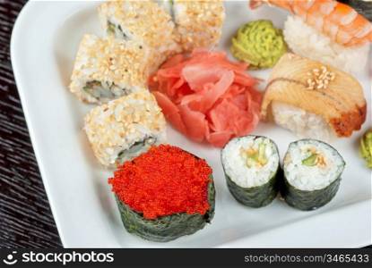 view of closeup japanese sushi set at plate
