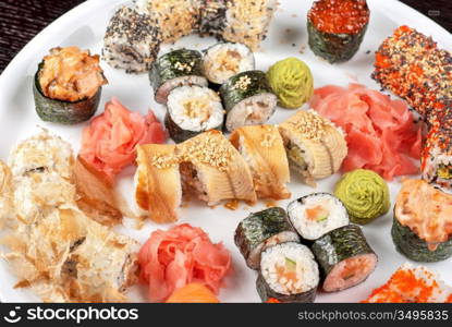 view of closeup japanese sushi set at plate