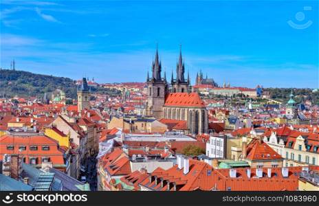 View of colorful old town in Prague taken from The Powder Tower, Czech Republic