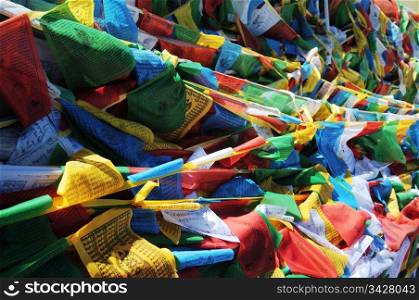 View of colorful prayer flags in Tibet