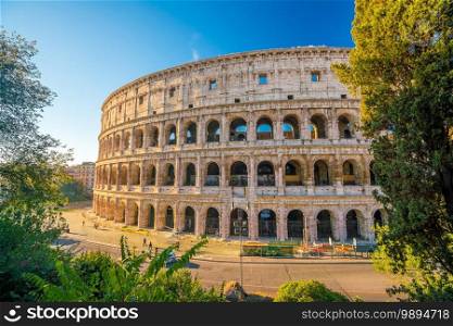 View of Colosseum in Rome with blue sky, Italy, Europe.